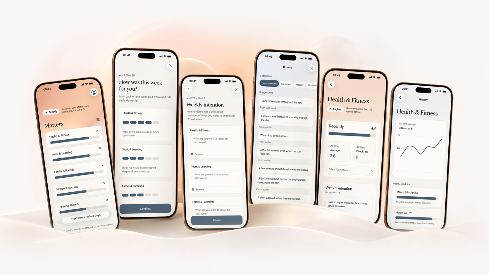 Several Matters app screens showing the dashboard, weekly check-in, intentions, suggestions, and history.